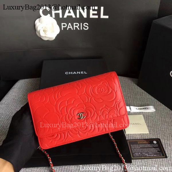 Chanel WOC Red Camellia Leather mini Flap Bag A33814 Silver