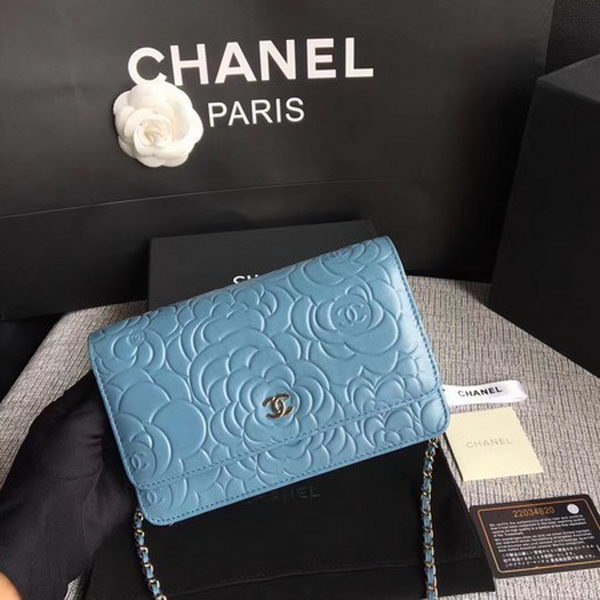 Chanel WOC Skyblue Camellia Leather mini Flap Bag A33814 Silver