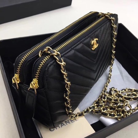 Chanel Shoulder Bag Black Sheepskin Leather V6845 Gold