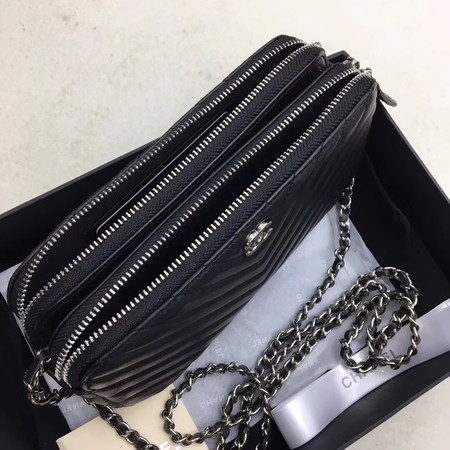Chanel Shoulder Bag Black Sheepskin Leather V6845 Silver