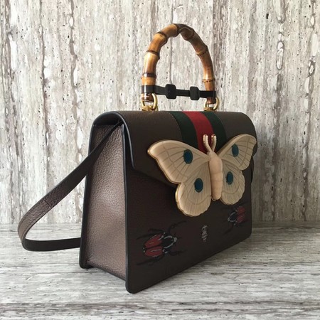 Gucci Leather Top Handle Bag with Moth 488691 Brown