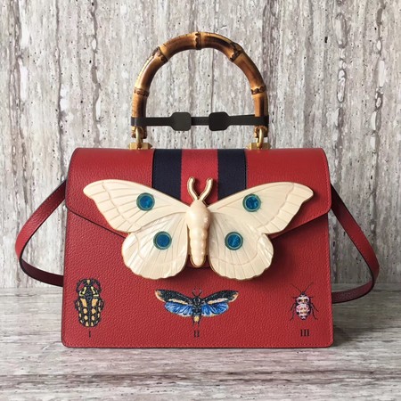 Gucci Leather Top Handle Bag with Moth 488691 Red