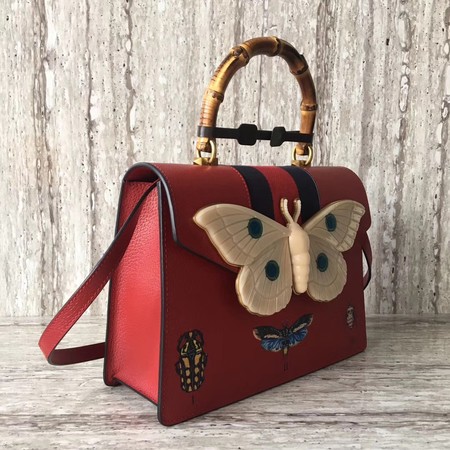 Gucci Leather Top Handle Bag with Moth 488691 Red