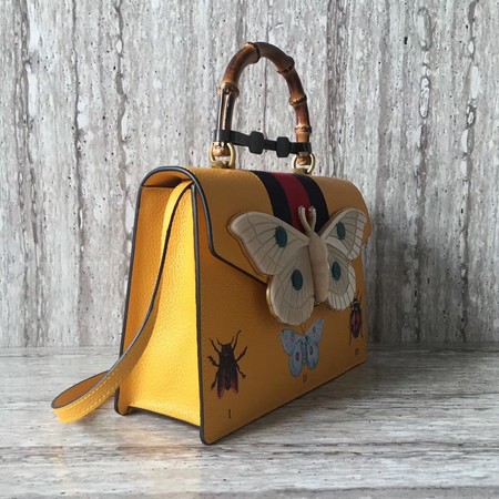 Gucci Leather Top Handle Bag with Moth 488691 Yellow