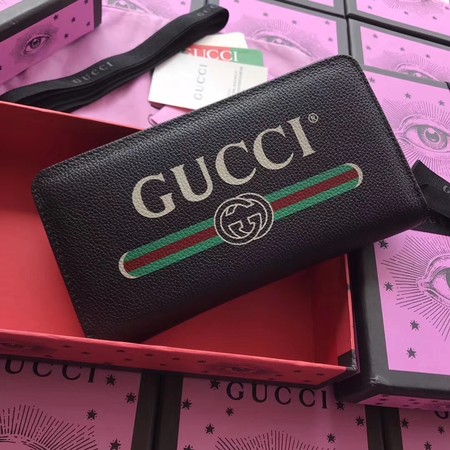 Gucci Print Leather Zip Around Wallet ‎496317 Black