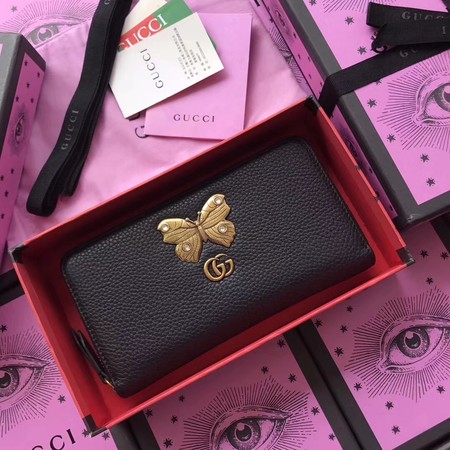 Gucci Leather Zip Around Wallet with Butterfly ‎499363 Black