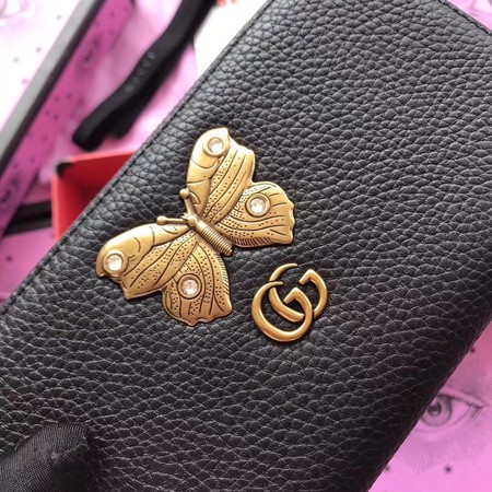 Gucci Leather Zip Around Wallet with Butterfly ‎499363 Black