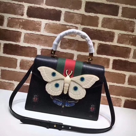 Gucci Leather Top Handle Bag with Moth 488691 Black