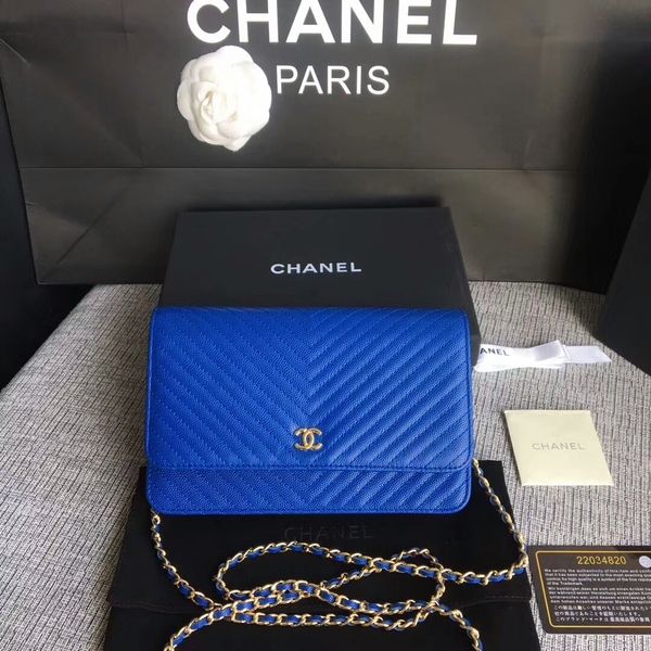 Chanel WOC Flap Shoulder Bag Blue Calfskin Leather A33814 Gold