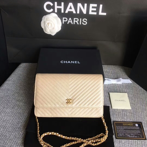 Chanel WOC Flap Shoulder Bag Gold Calfskin Leather A33814 Gold