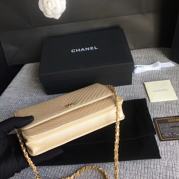 Chanel WOC Flap Shoulder Bag Gold Calfskin Leather A33814 Gold