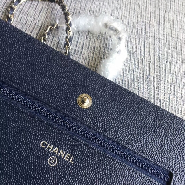 Chanel WOC Flap Shoulder Bag Dark Blue Calfskin Leather A33814 Silver