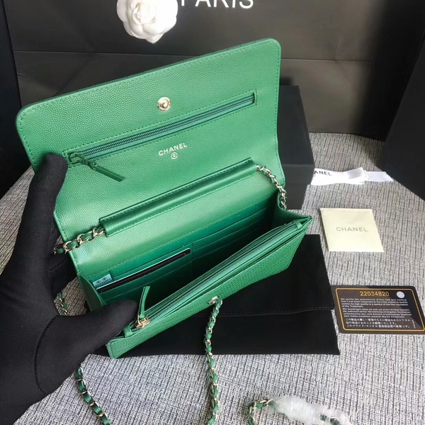 Chanel WOC Flap Shoulder Bag Green Calfskin Leather A33814 Silver