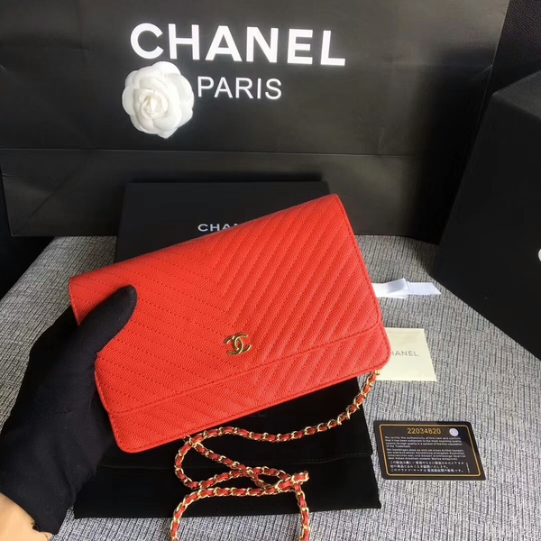 Chanel WOC Flap Shoulder Bag Red Calfskin Leather A33814 Gold