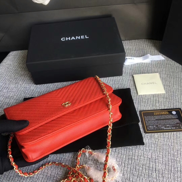 Chanel WOC Flap Shoulder Bag Red Calfskin Leather A33814 Gold