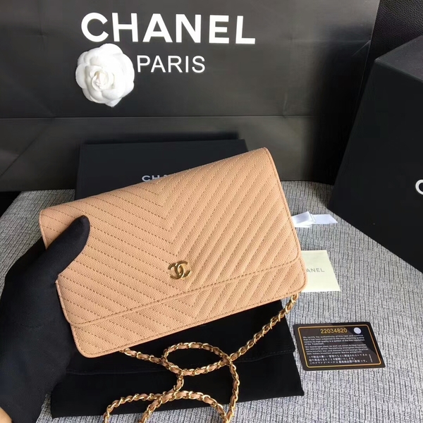 Chanel WOC Flap Shoulder Bag Camel Calfskin Leather A33814 Gold