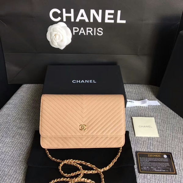 Chanel WOC Flap Shoulder Bag Camel Calfskin Leather A33814 Gold