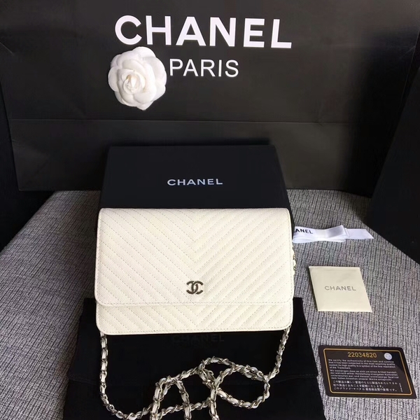 Chanel WOC Flap Shoulder Bag Offwhite Calfskin Leather A33814 Silver