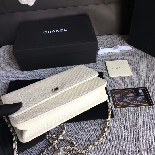 Chanel WOC Flap Shoulder Bag Offwhite Calfskin Leather A33814 Silver