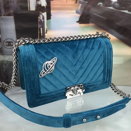Boy Chanel Flap Shoulder Bag Chevron Velvet Leather A67068A Blue