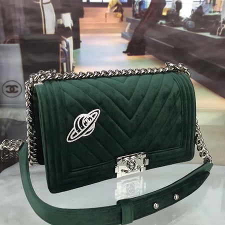 Boy Chanel Flap Shoulder Bag Chevron Velvet Leather A67068A Green