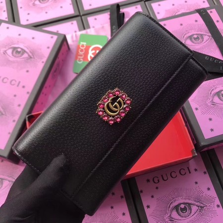 Gucci Leather Continental Wallet with Double G and Crystals 499790 Black