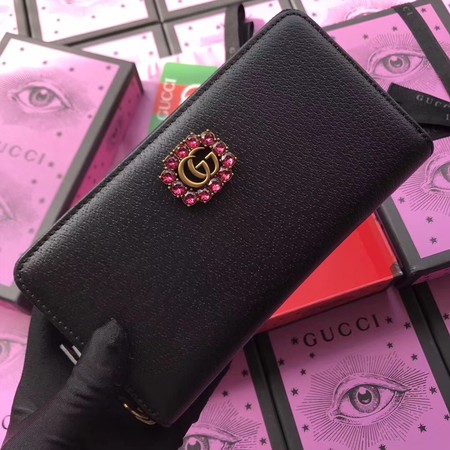 Gucci Leather Zip Around Wallet with Double G and Crystals 499793 Black