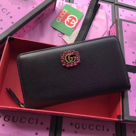 Gucci Leather Zip Around Wallet with Double G and Crystals 499793 Black