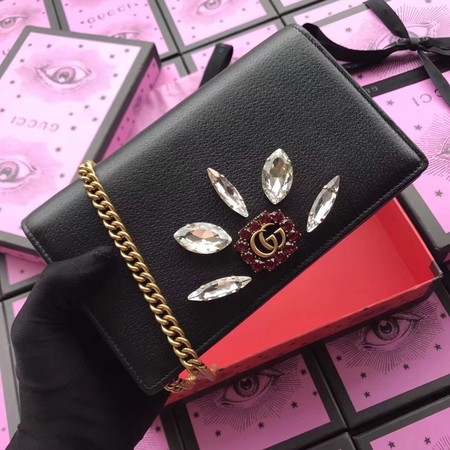 Gucci Leather mini Chain Bag with Double G and Crystals ‎499782 Black