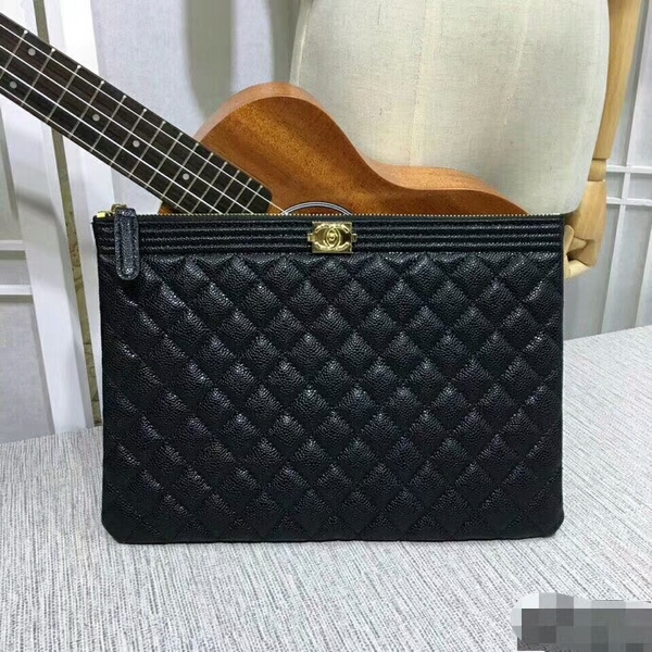 Chanel Clutch Bag Black Caviar Leather 7010 Gold