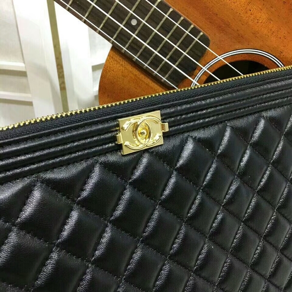 Chanel Clutch Bag Black Sheepskin Leather 7010 Gold