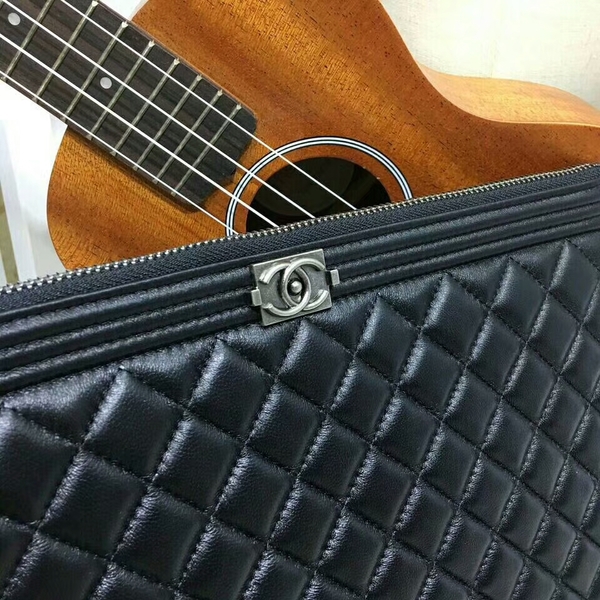 Chanel Clutch Bag Black Sheepskin Leather 7010 Silver