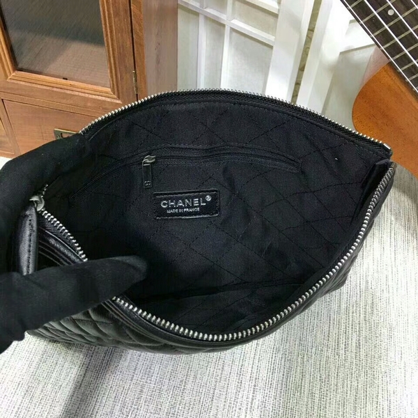 Chanel Clutch Bag Black Sheepskin Leather 7010 Silver