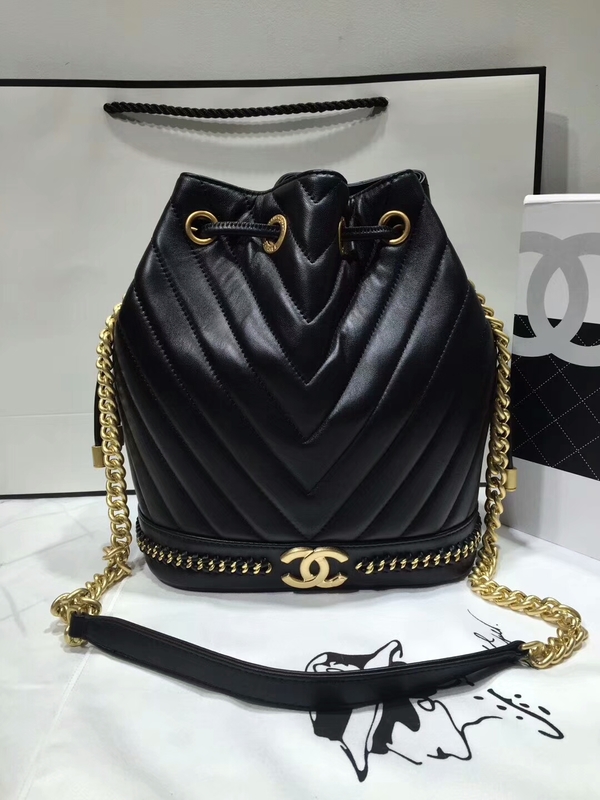 2017 Chanel Original Sheepskin Leather Bucket Bag 28172 Black