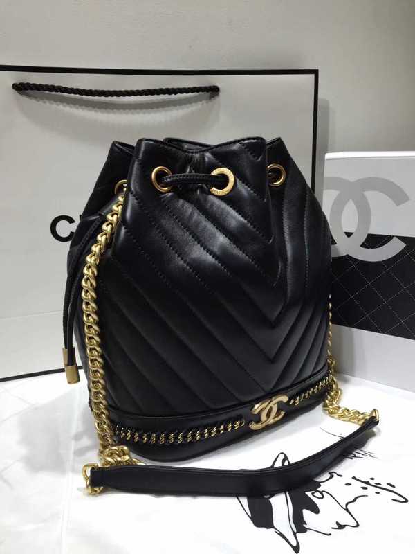 2017 Chanel Original Sheepskin Leather Bucket Bag 28172 Black