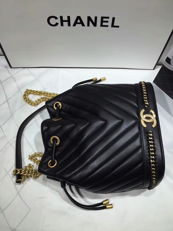 2017 Chanel Original Sheepskin Leather Bucket Bag 28172 Black