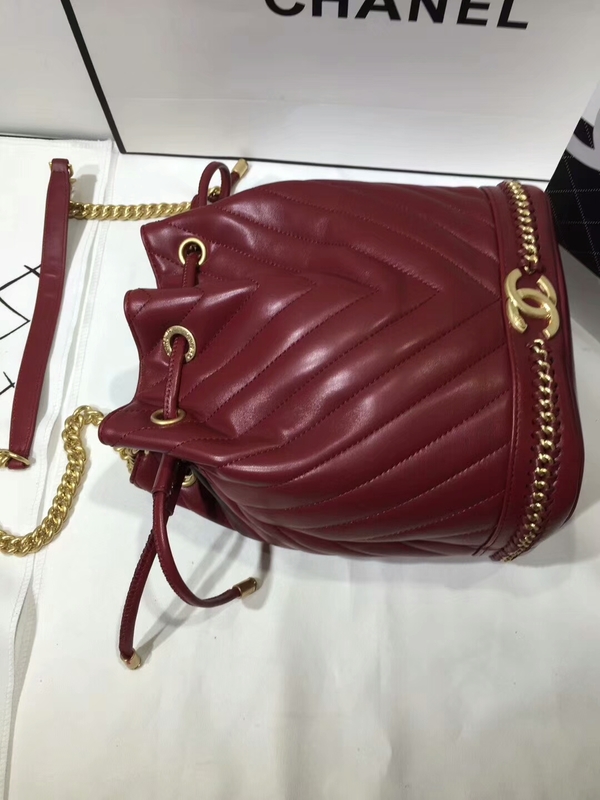 2017 Chanel Original Sheepskin Leather Bucket Bag 28172 Red