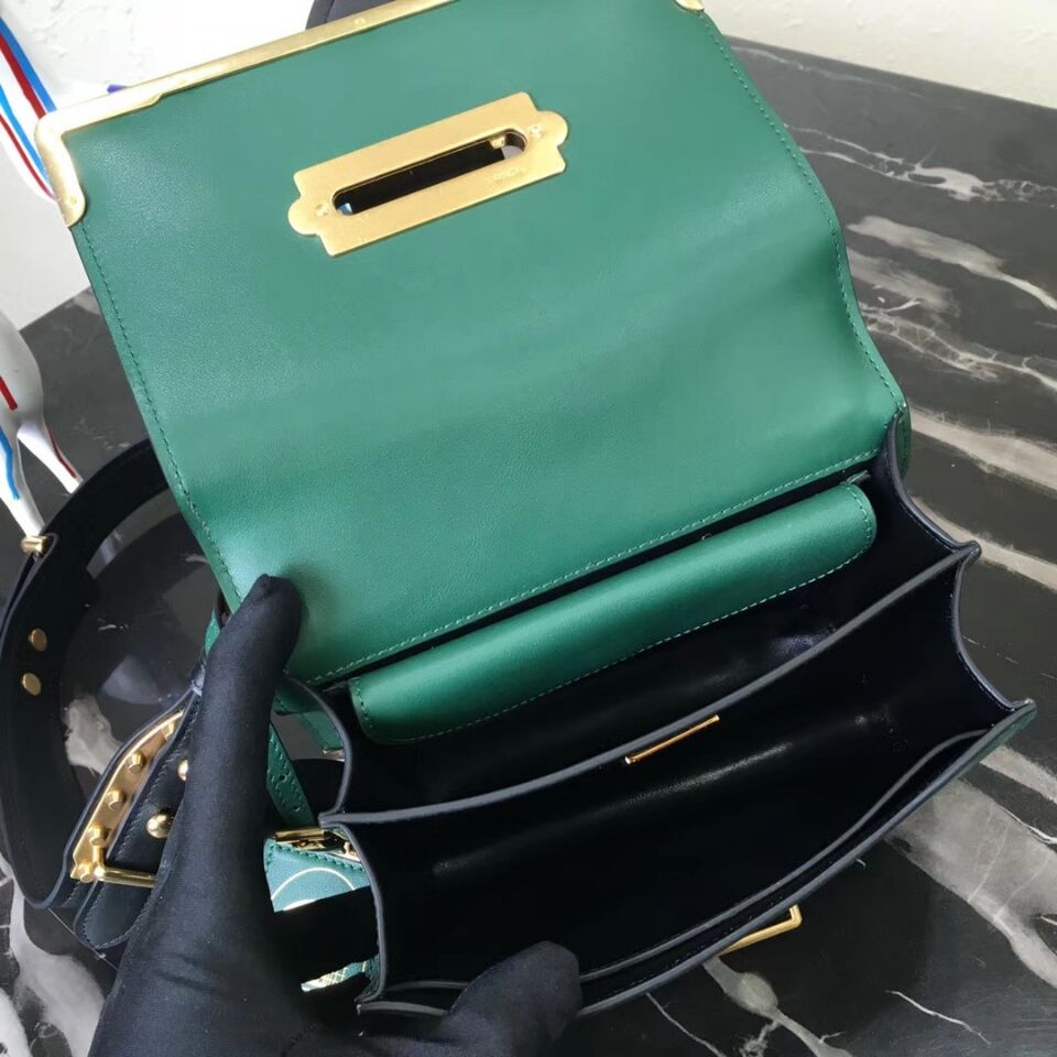 Prada Cahier Leather Shoulder Bag 1BD045 Black&Green
