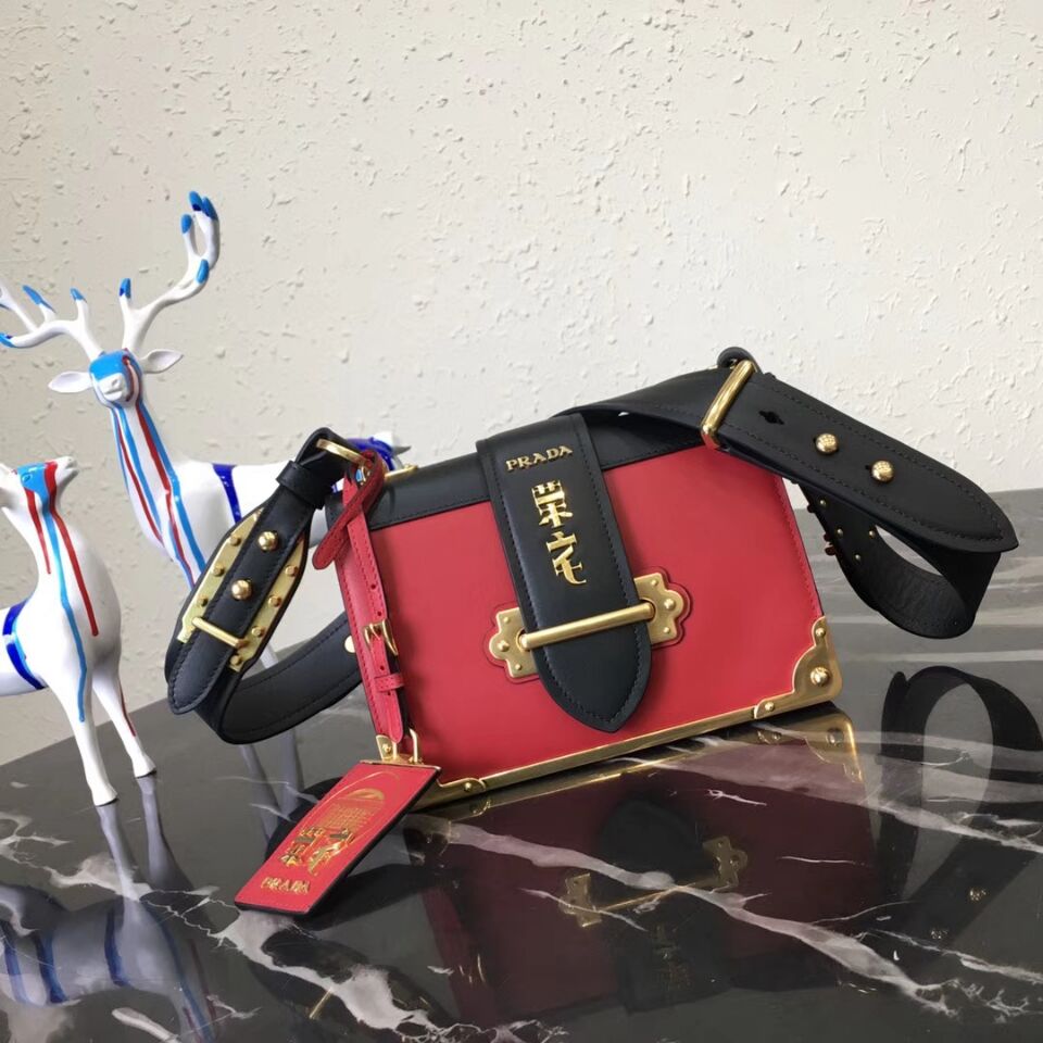 Prada Cahier Leather Shoulder Bag 1BD045 Black&Red