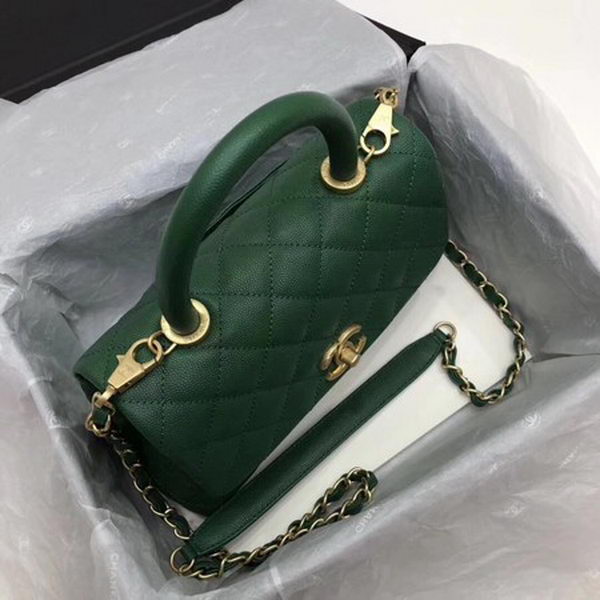 Chanel Classic Top Handle Bag Green Cannage Pattern A92290 Gold