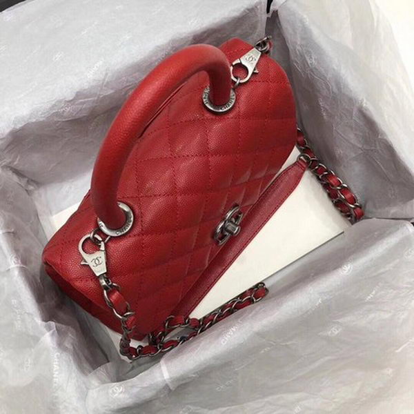 Chanel Classic Top Handle Bag Red Cannage Pattern A92290 Silver