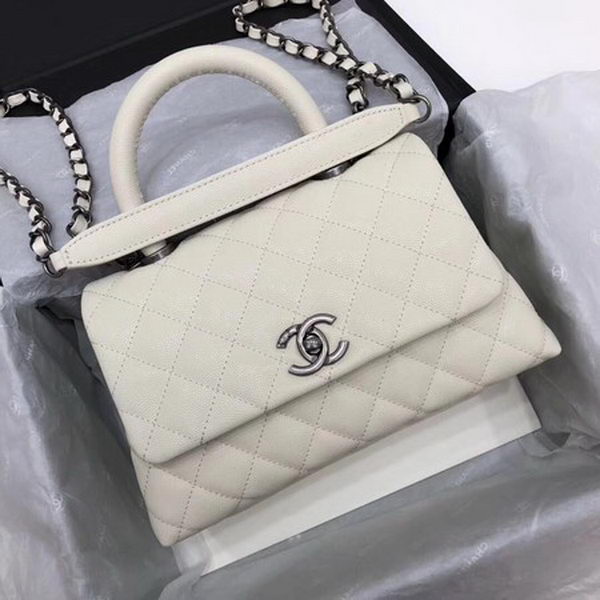 Chanel Classic Top Handle Bag White Cannage Pattern A92290 Silver