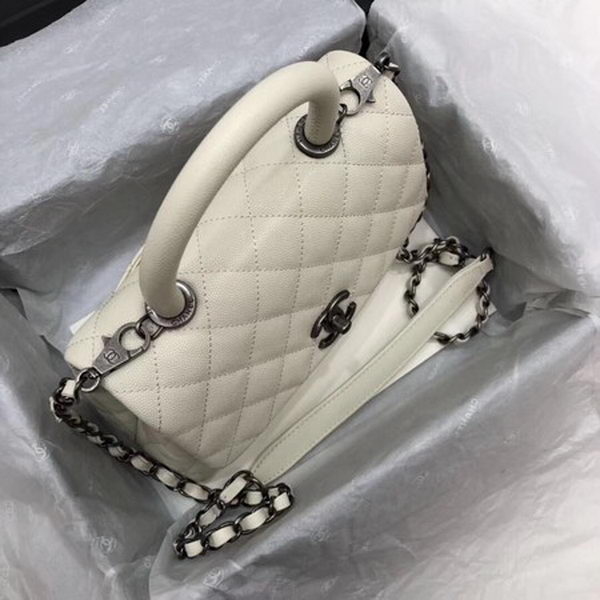 Chanel Classic Top Handle Bag White Cannage Pattern A92290 Silver