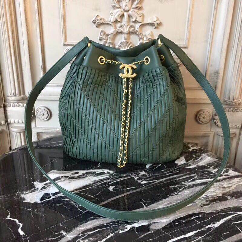 Chanel Original Calfskin Leather Bucket Bag 28173 Green