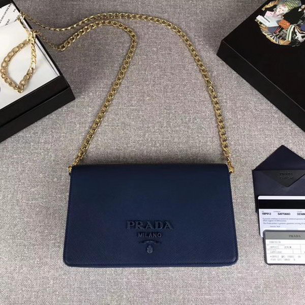 Prada Saffiano Logo Fold Over Shoulder Bag 1BP012 Blue