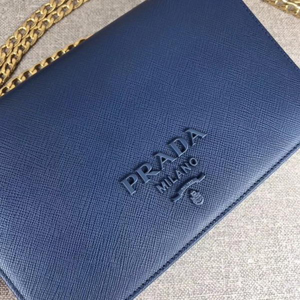 Prada Saffiano Logo Fold Over Shoulder Bag 1BP012 Blue