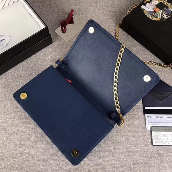 Prada Saffiano Logo Fold Over Shoulder Bag 1BP012 Blue