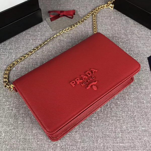 Prada Saffiano Logo Fold Over Shoulder Bag 1BP012 Red