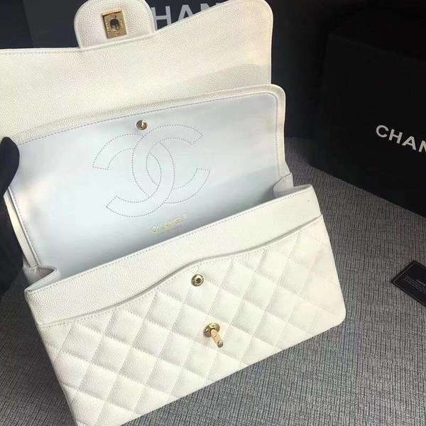 Chanel Flap Shoulder Bags White Original Calfskin Leather CF1113 Gold