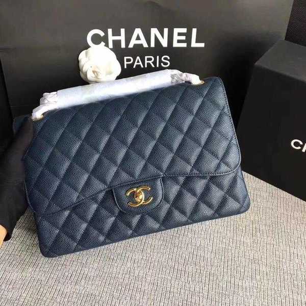 Chanel Flap Shoulder Bags Dark Blue Original Calfskin Leather CF1113 Gold